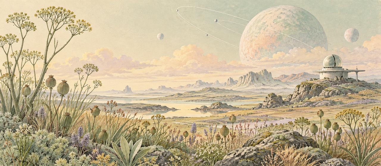 Un paesaggio botanico immaginario, fra pianeti e un osservatorio